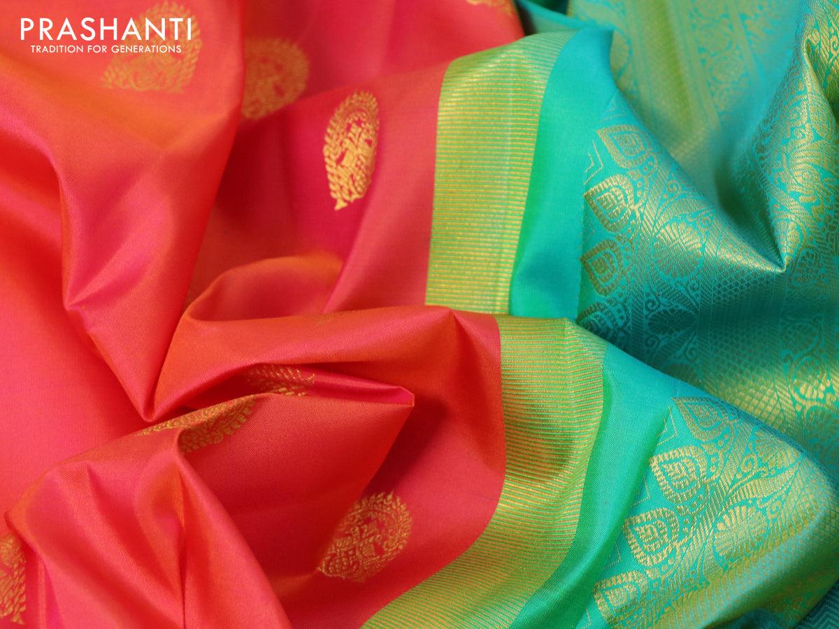Pure kanjivaram silk saree dual shade of pink and dual shade of teal green with zari woven buttas and zari woven border - Image 3