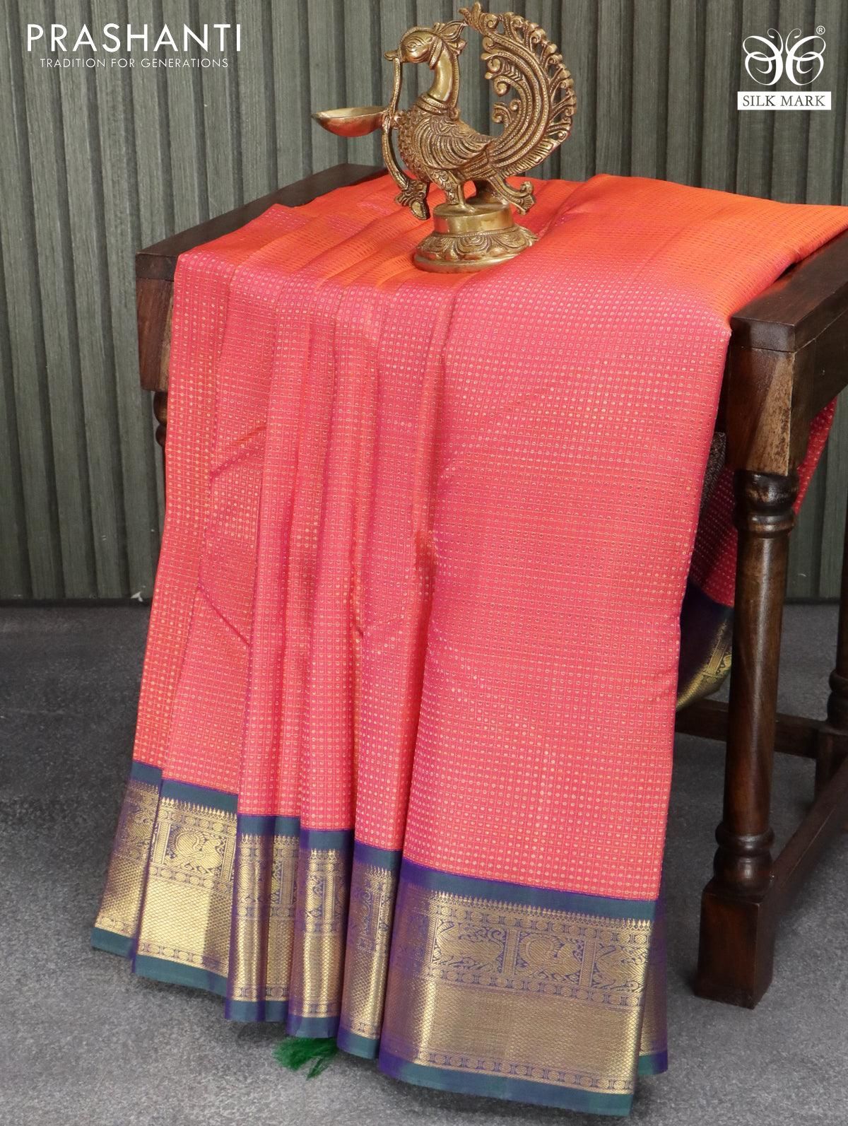 Pure kanjivaram silk saree dual shade of pinkish orange and dual shade of bluish green with allover zari weaves and zari woven border - Image 2
