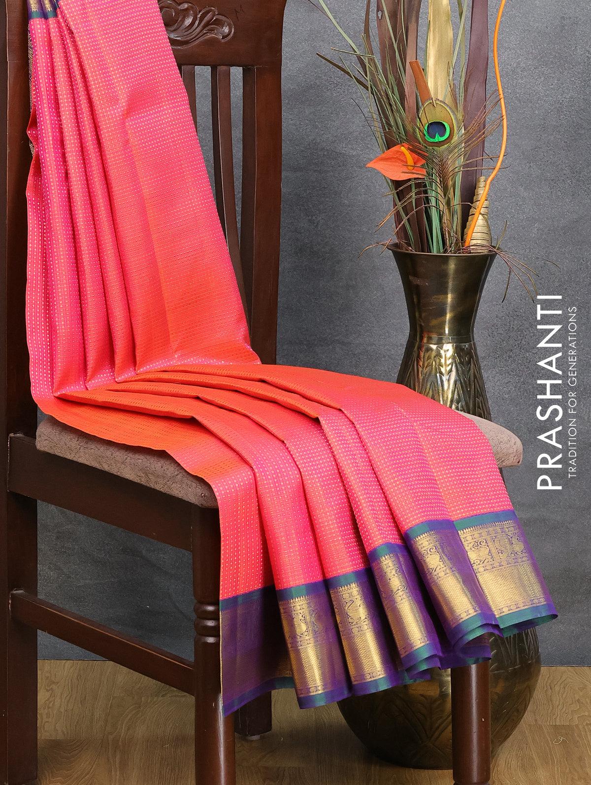 Pure kanjivaram silk saree dual shade of pinkish orange and dual shade of bluish green with allover zari weaves and zari woven border - Image 3