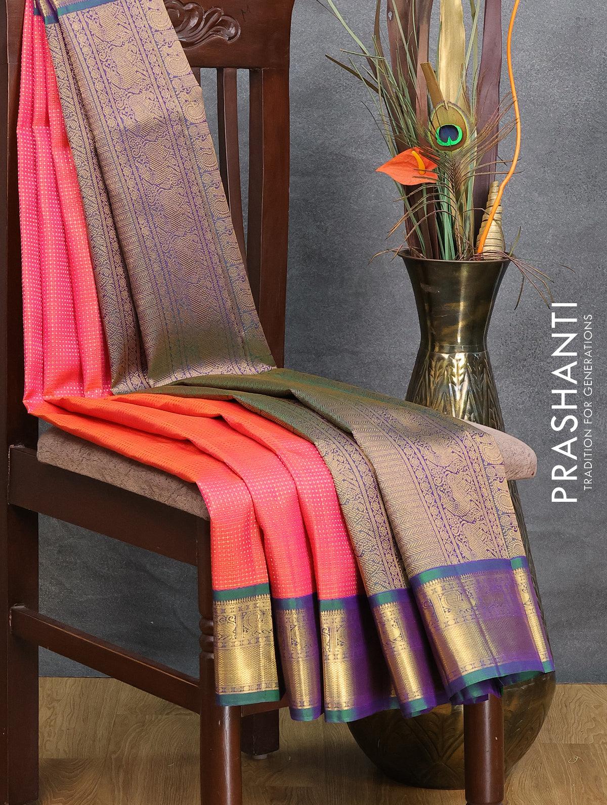 Pure kanjivaram silk saree dual shade of pinkish orange and dual shade of bluish green with allover zari weaves and zari woven border - Image 4