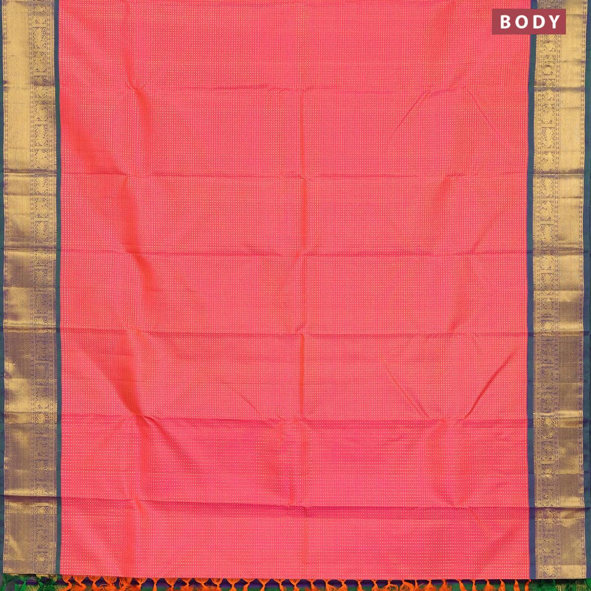 Pure kanjivaram silk saree dual shade of pinkish orange and dual shade of bluish green with allover zari weaves and zari woven border - Image 5
