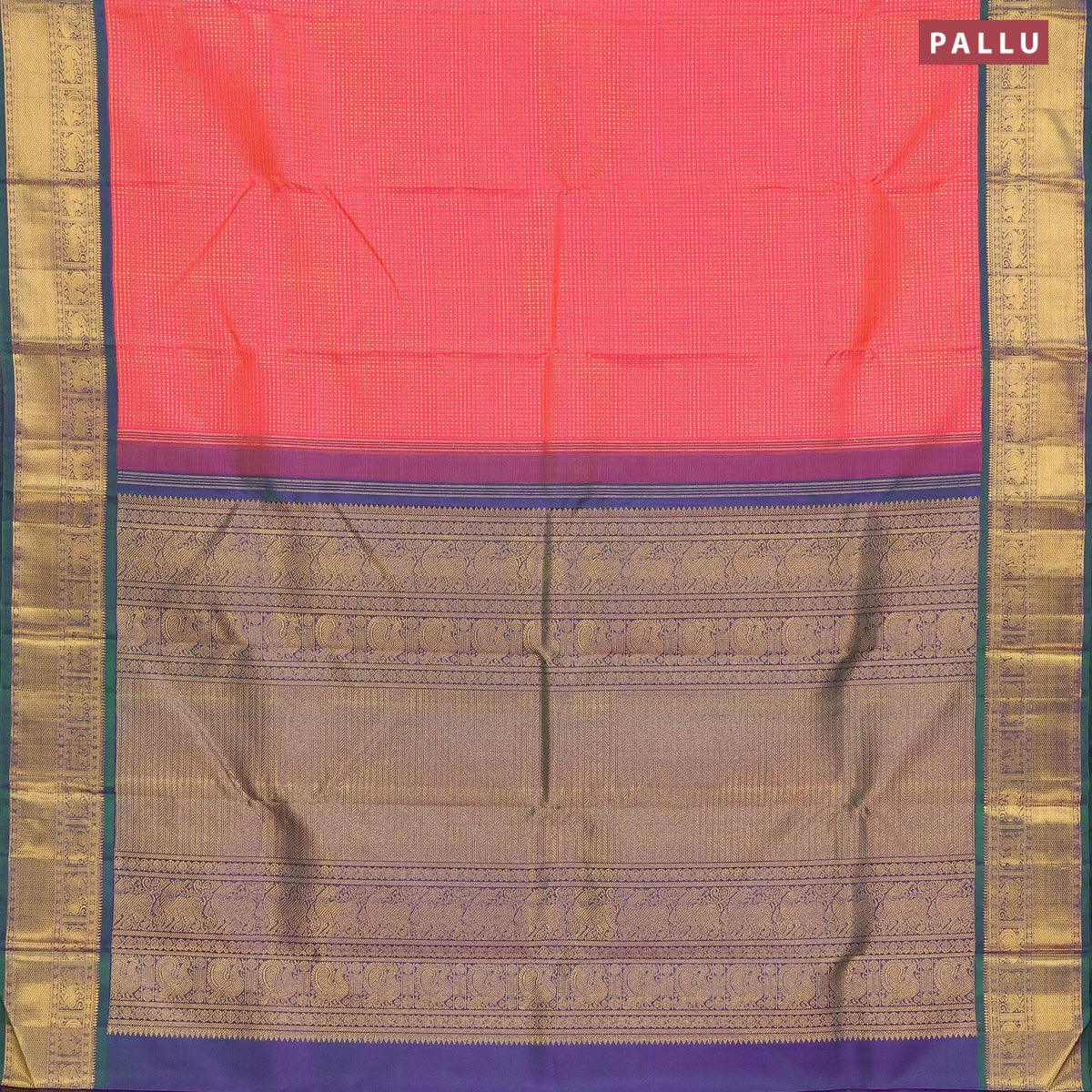 Pure kanjivaram silk saree dual shade of pinkish orange and dual shade of bluish green with allover zari weaves and zari woven border - Image 6