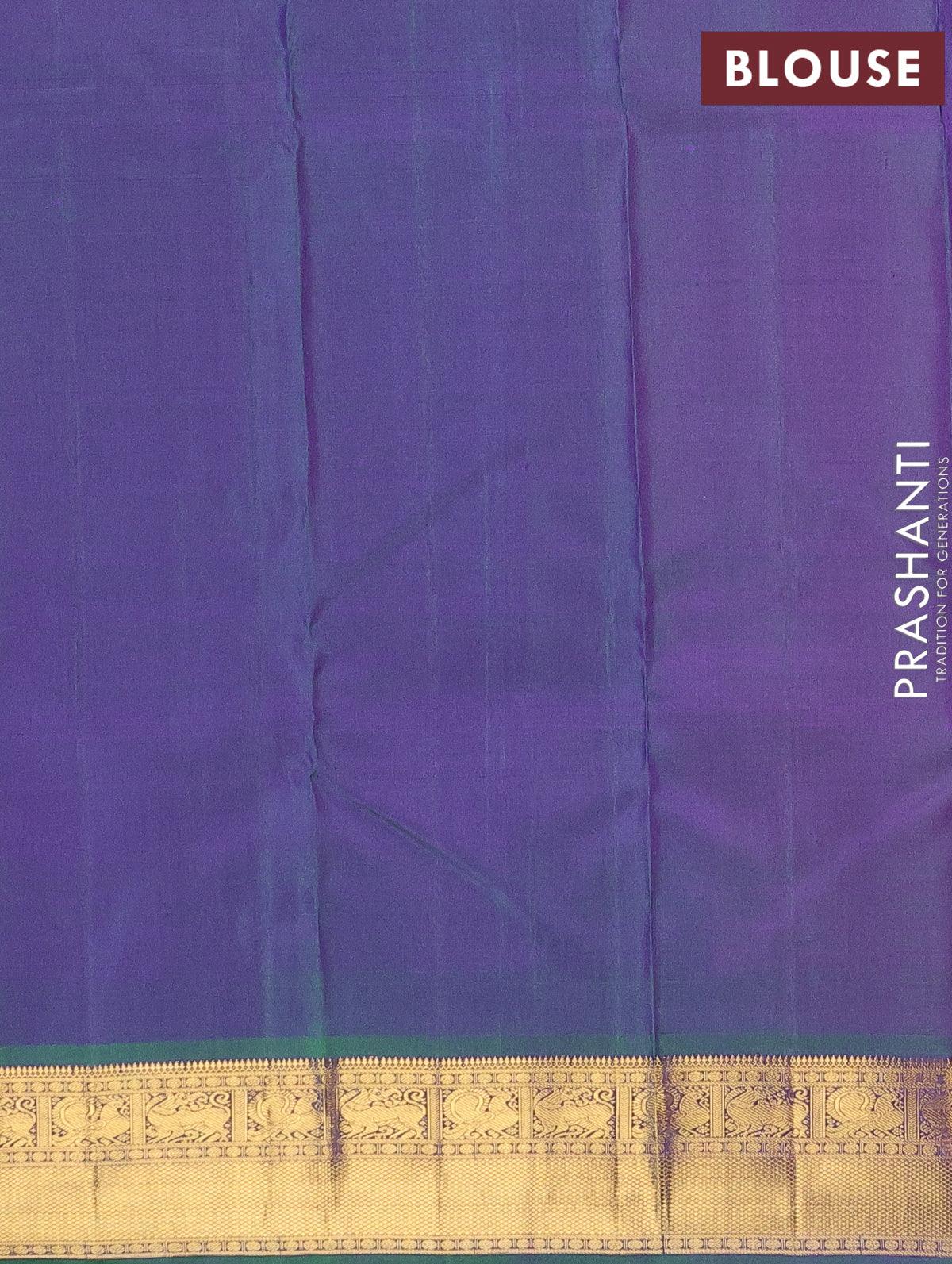 Pure kanjivaram silk saree dual shade of pinkish orange and dual shade of bluish green with allover zari weaves and zari woven border - Image 7