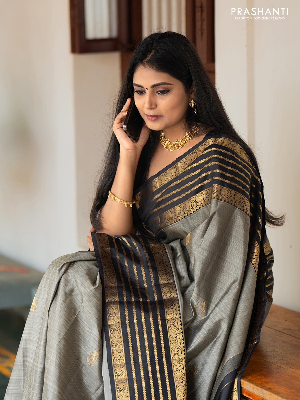 Ma - Pure kanjivaram silk saree grey and black with zari woven buttas and rich paisley & annam zari woven  border - Pre OrderU - Image 3