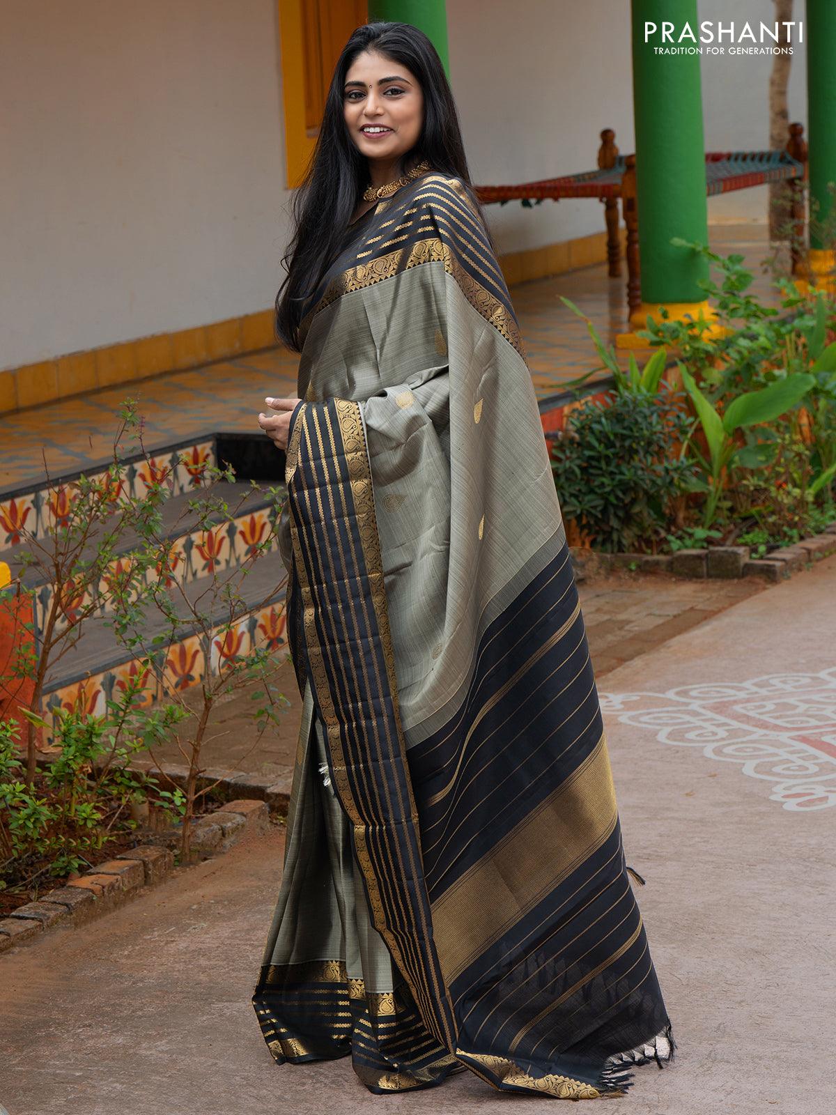 Ma - Pure kanjivaram silk saree grey and black with zari woven buttas and rich paisley & annam zari woven  border - Pre OrderU - Image 4