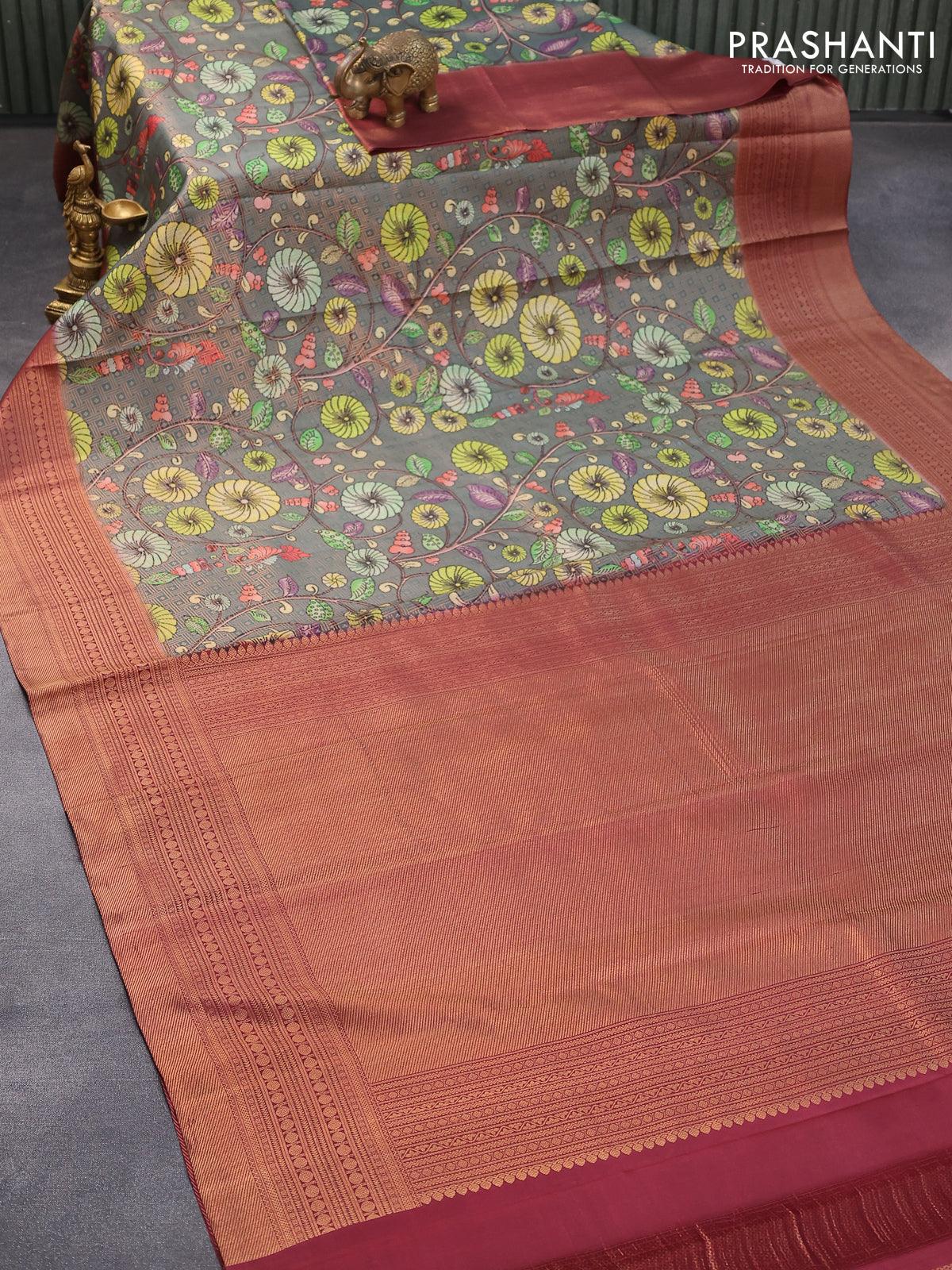 Pure kanjivaram silk saree grey and maroon with allover floral digital prints & zari weaves and long zari woven border - Image 2