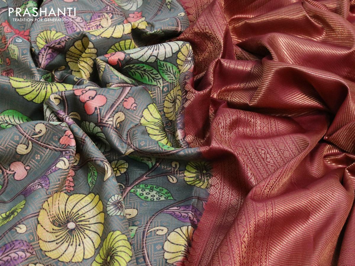 Pure kanjivaram silk saree grey and maroon with allover floral digital prints & zari weaves and long zari woven border - Image 3