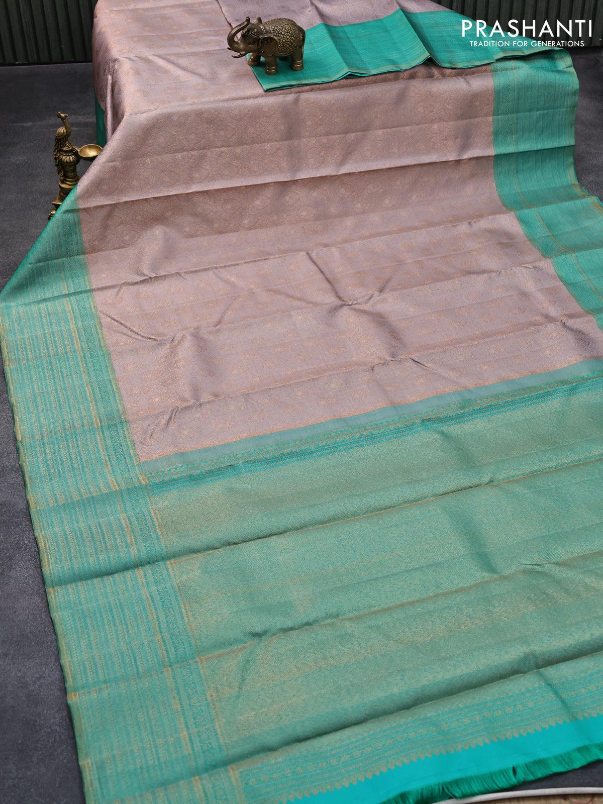 Pure kanjivaram silk saree grey and teal green shade with allover zari woven brocade weaves and zari woven border - Image 2