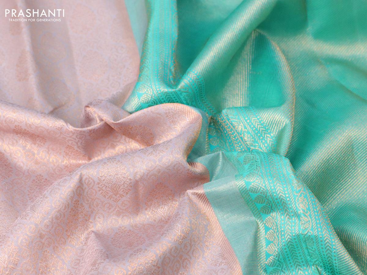 Pure kanjivaram silk saree grey and teal green shade with allover zari woven brocade weaves and zari woven border - Image 3
