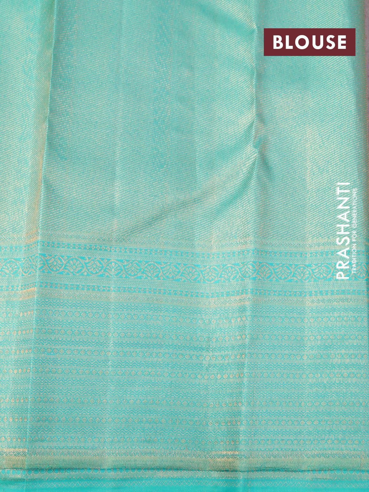 Pure kanjivaram silk saree grey and teal green shade with allover zari woven brocade weaves and zari woven border - Image 4