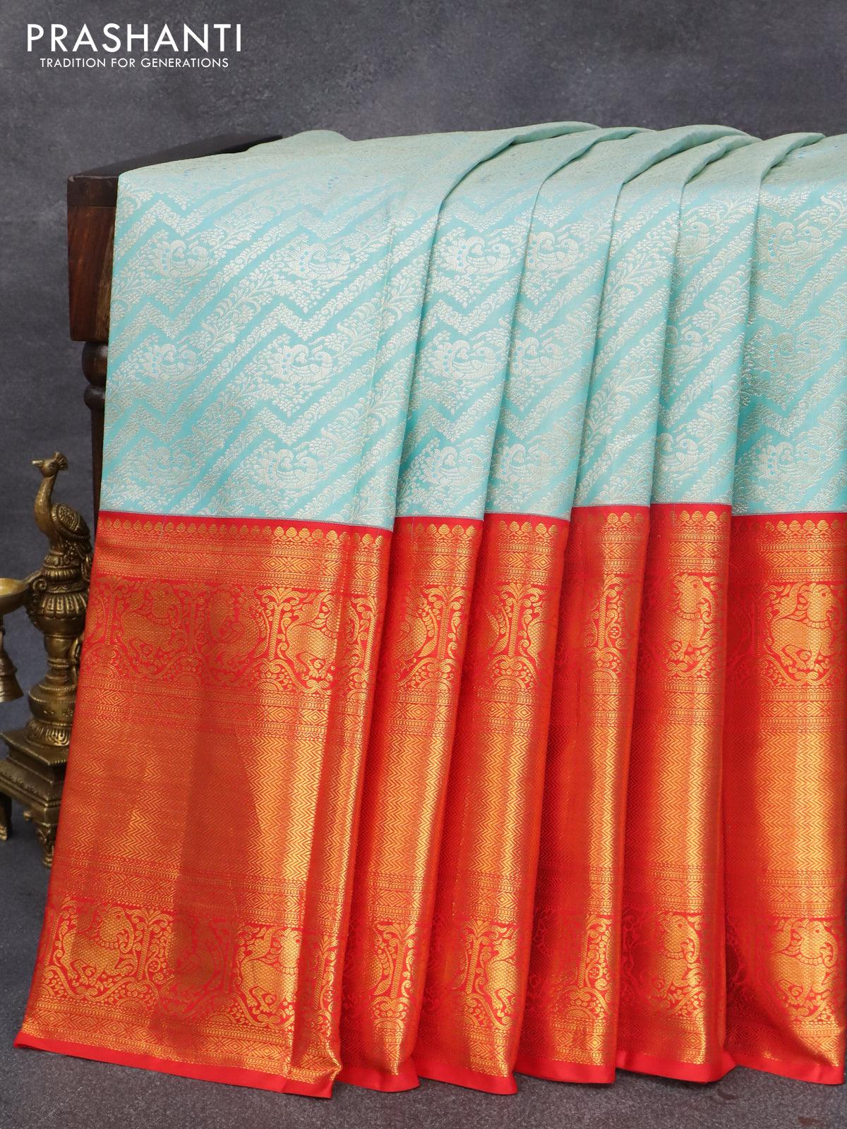 Pure kanjivaram silk saree light blue and red with allover silver zari woven brocade weaves and golden zari woven border - Image 5