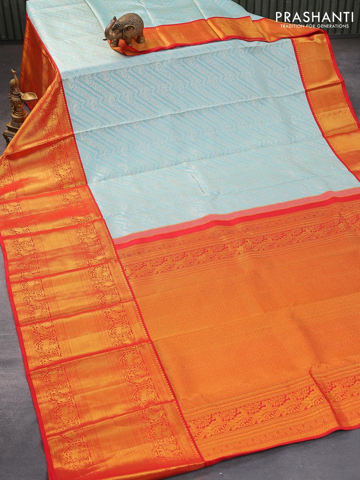Pure kanjivaram silk saree light blue and red with allover silver zari woven brocade weaves and golden zari woven border - Image 6