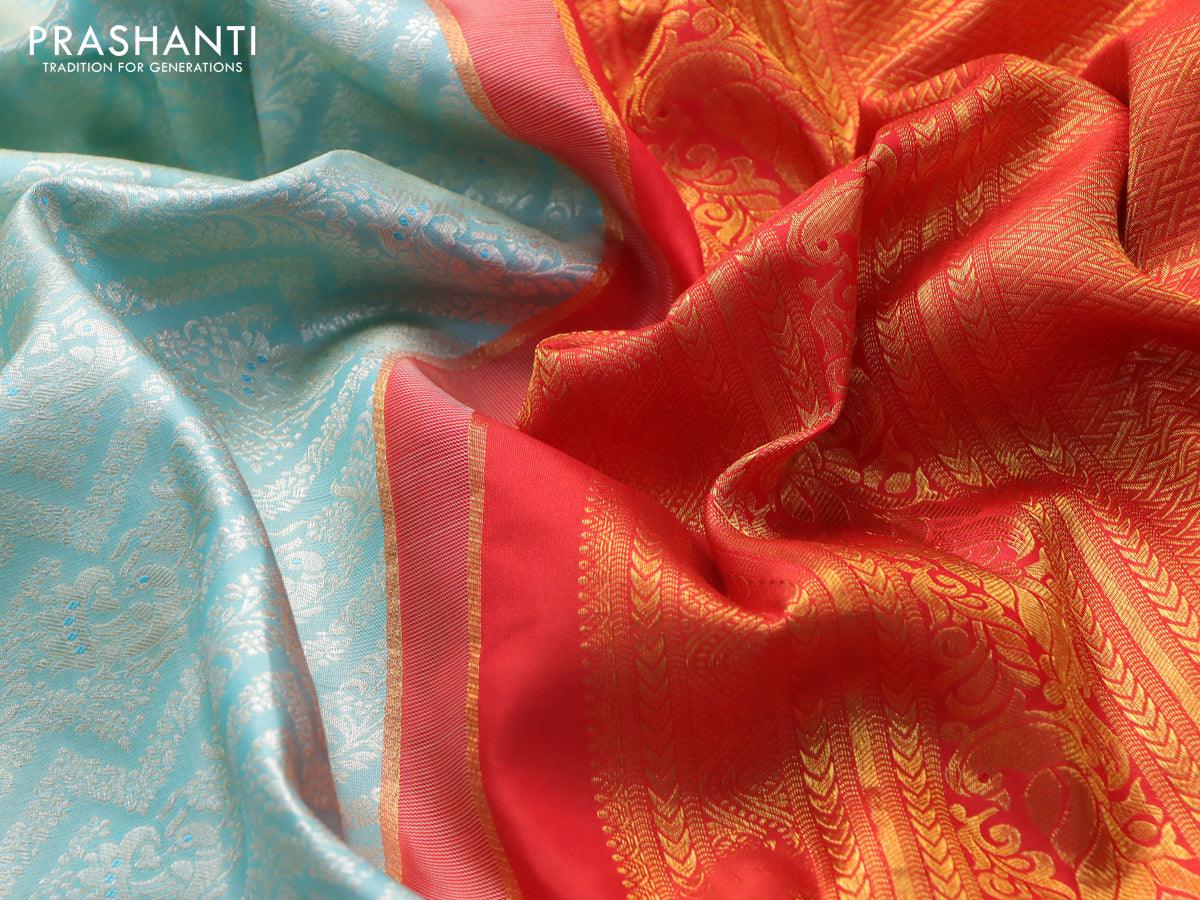 Pure kanjivaram silk saree light blue and red with allover silver zari woven brocade weaves and golden zari woven border - Image 7