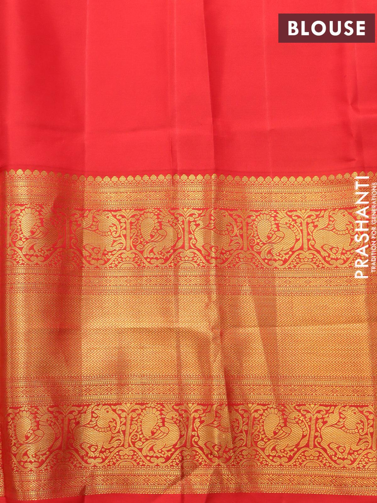 Pure kanjivaram silk saree light blue and red with allover silver zari woven brocade weaves and golden zari woven border - Image 8