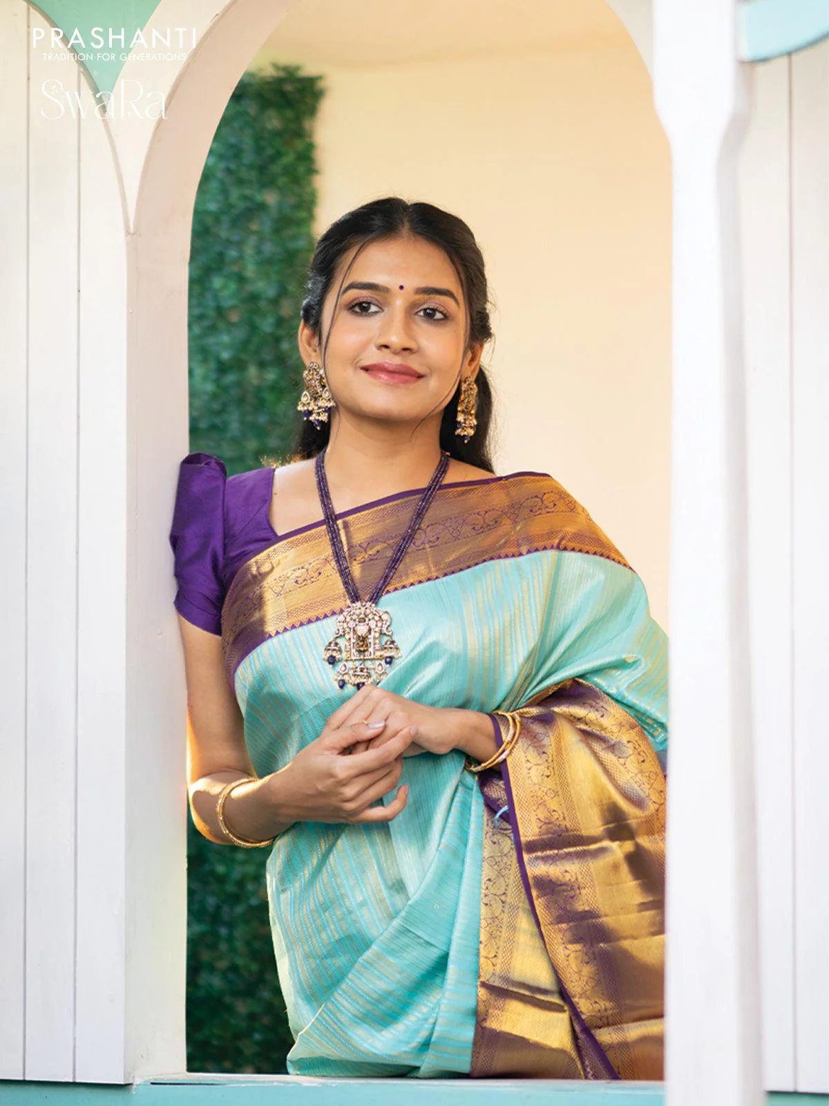 Pure kanjivaram silk saree light blue and violet with allover silver & gold zari weaves and long zari woven border - Image 3