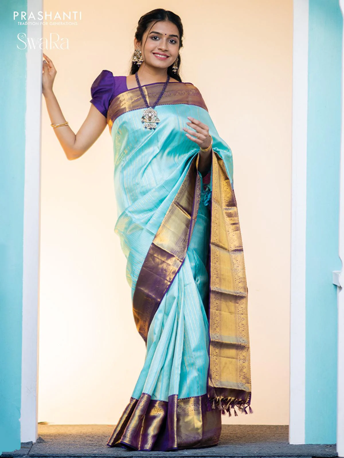 Pure kanjivaram silk saree light blue and violet with allover silver & gold zari weaves and long zari woven border - Image 4