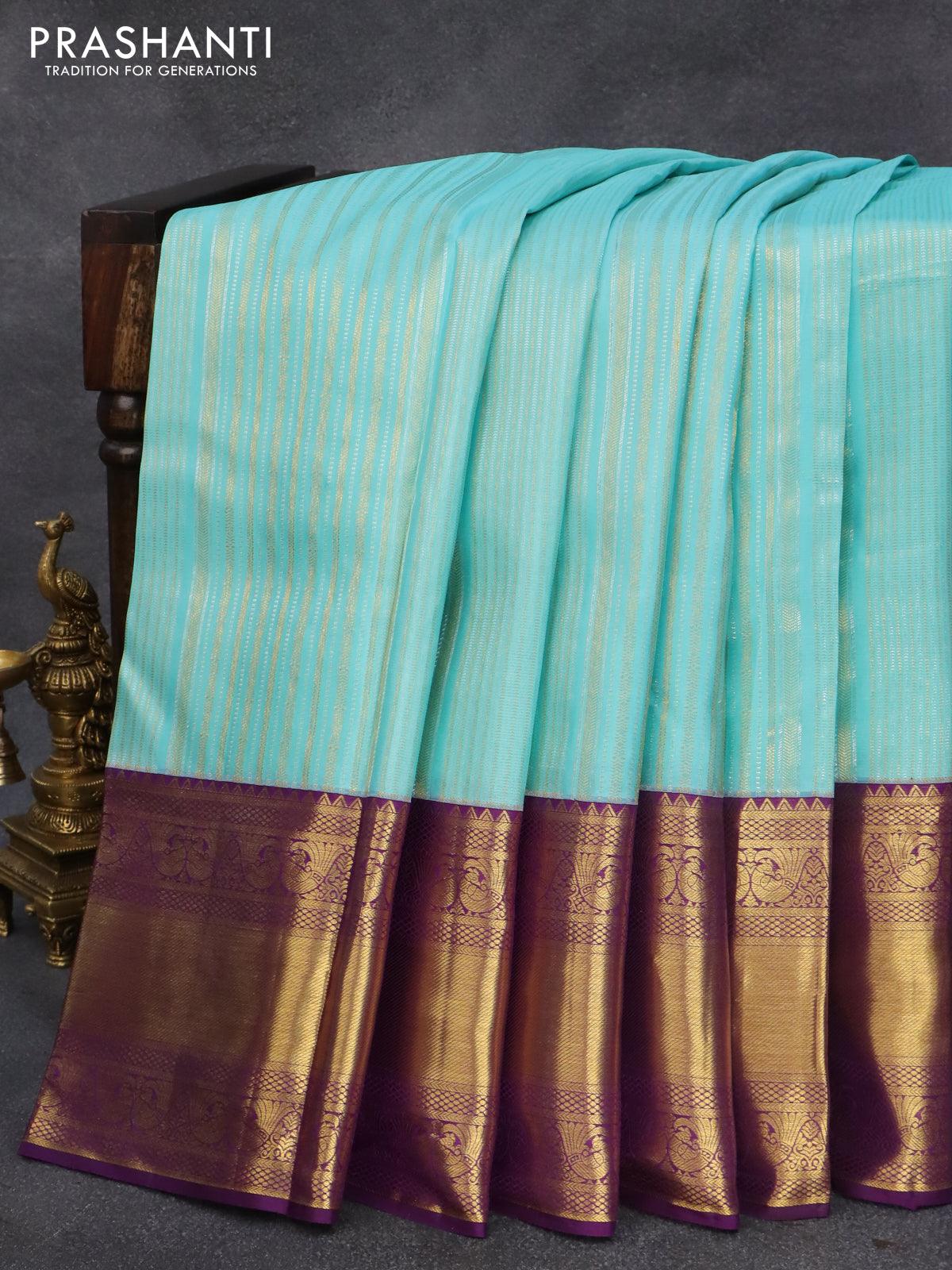 Pure kanjivaram silk saree light blue and violet with allover silver & gold zari weaves and long zari woven border - Image 5