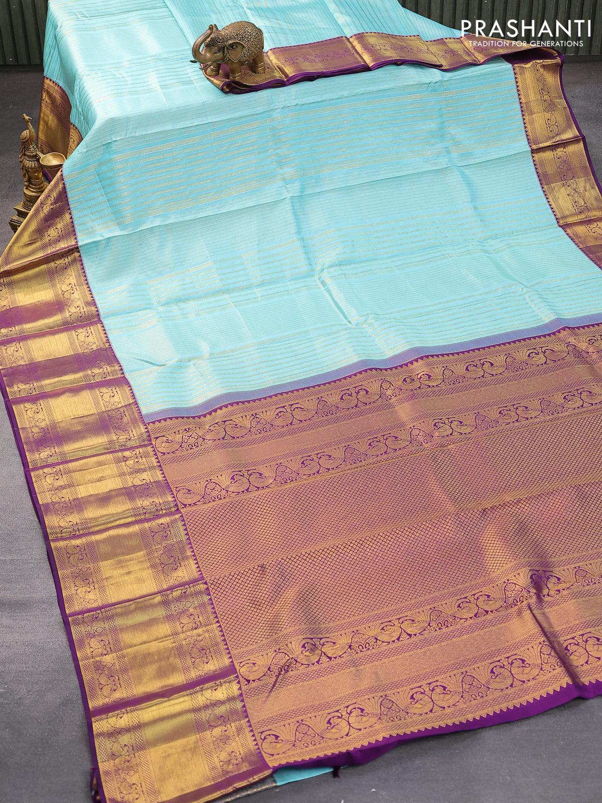 Pure kanjivaram silk saree light blue and violet with allover silver & gold zari weaves and long zari woven border - Image 6