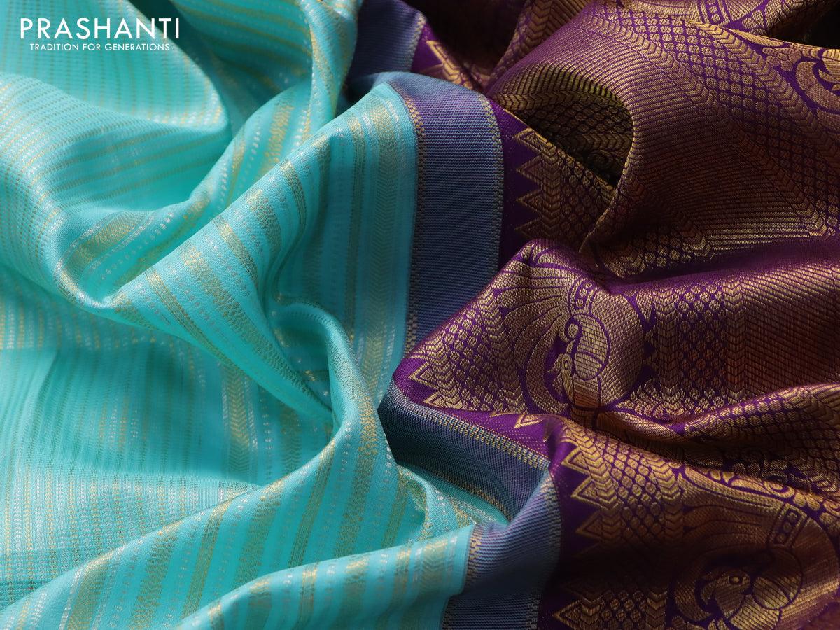 Pure kanjivaram silk saree light blue and violet with allover silver & gold zari weaves and long zari woven border - Image 7