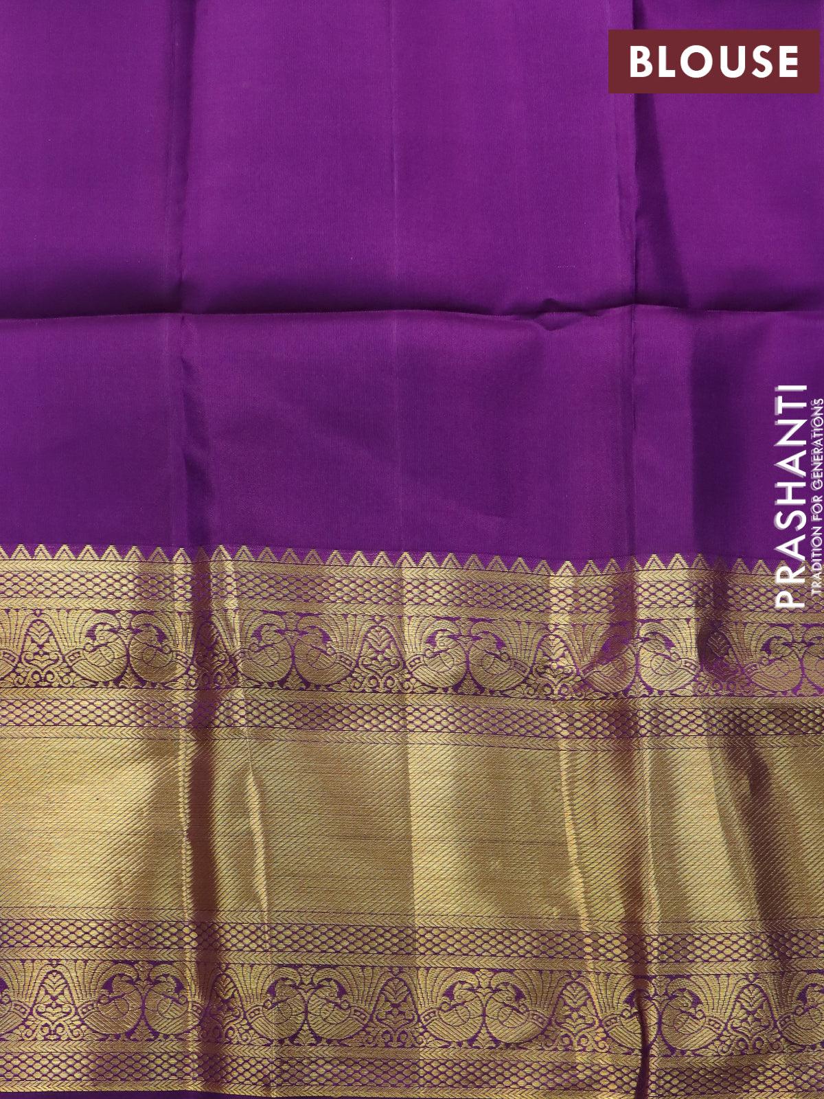 Pure kanjivaram silk saree light blue and violet with allover silver & gold zari weaves and long zari woven border - Image 8