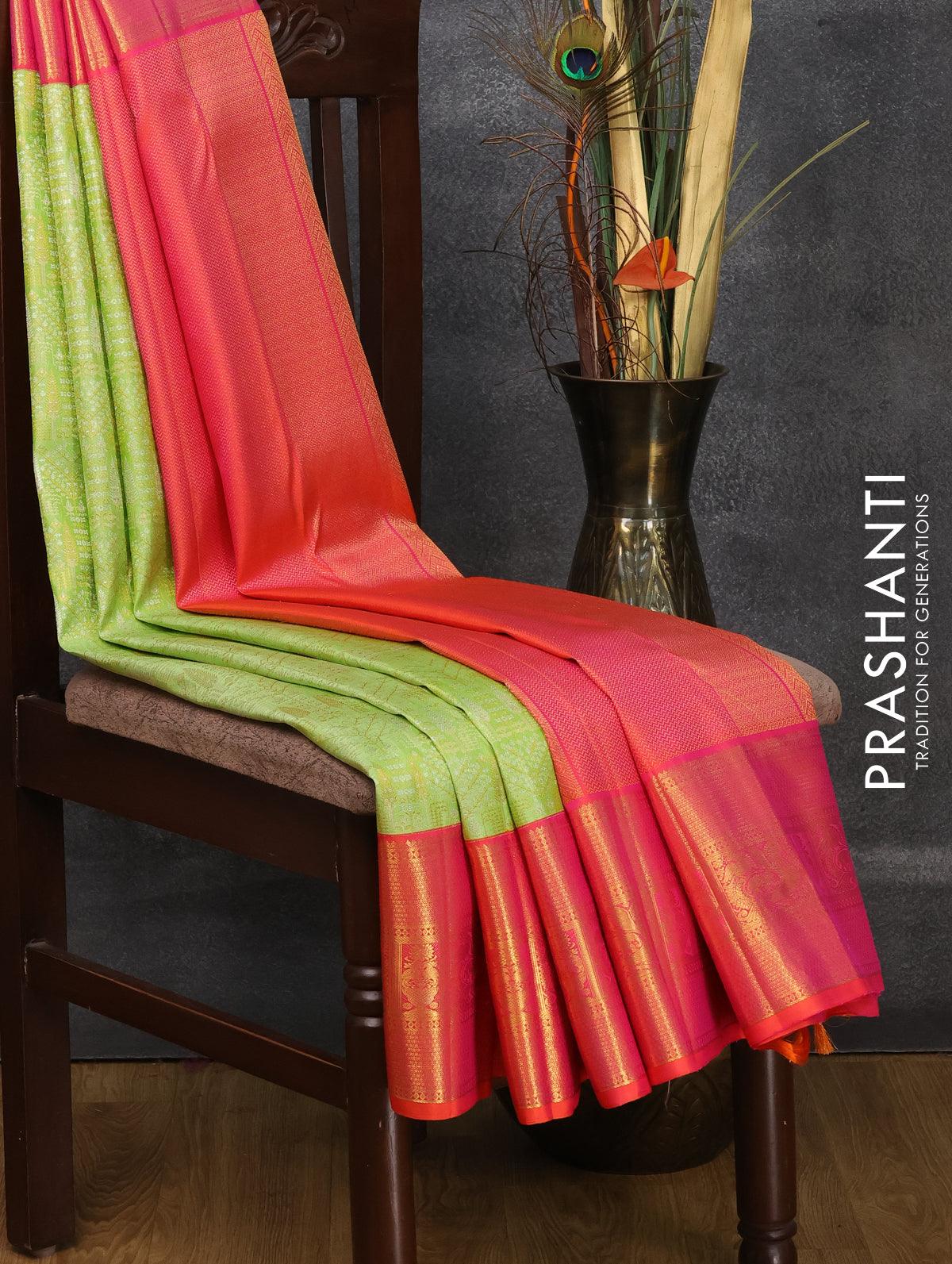 Pure kanjivaram silk saree light green and dual shade of orange with allover zari woven brocade weaves and rich zari woven border - Image 3
