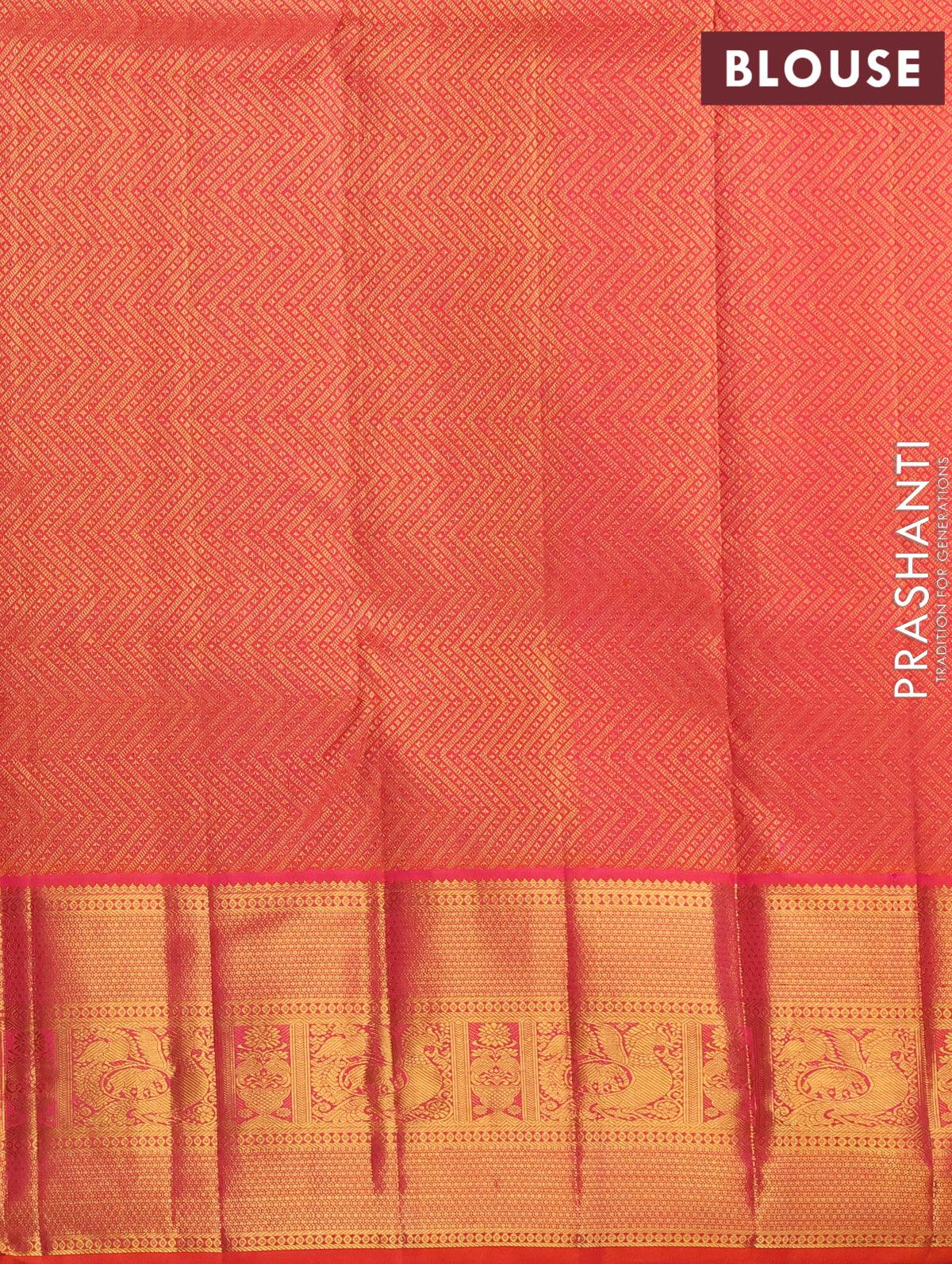 Pure kanjivaram silk saree light green and dual shade of orange with allover zari woven brocade weaves and rich zari woven border - Image 4