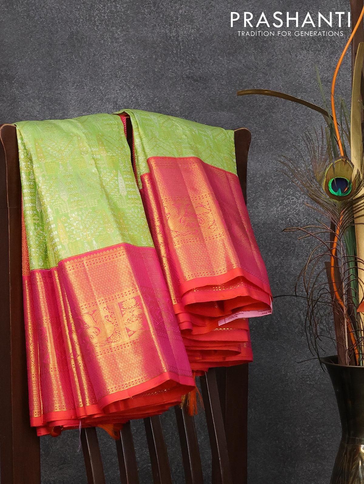 Pure kanjivaram silk saree light green and dual shade of orange with allover zari woven brocade weaves and rich zari woven border - Image 5