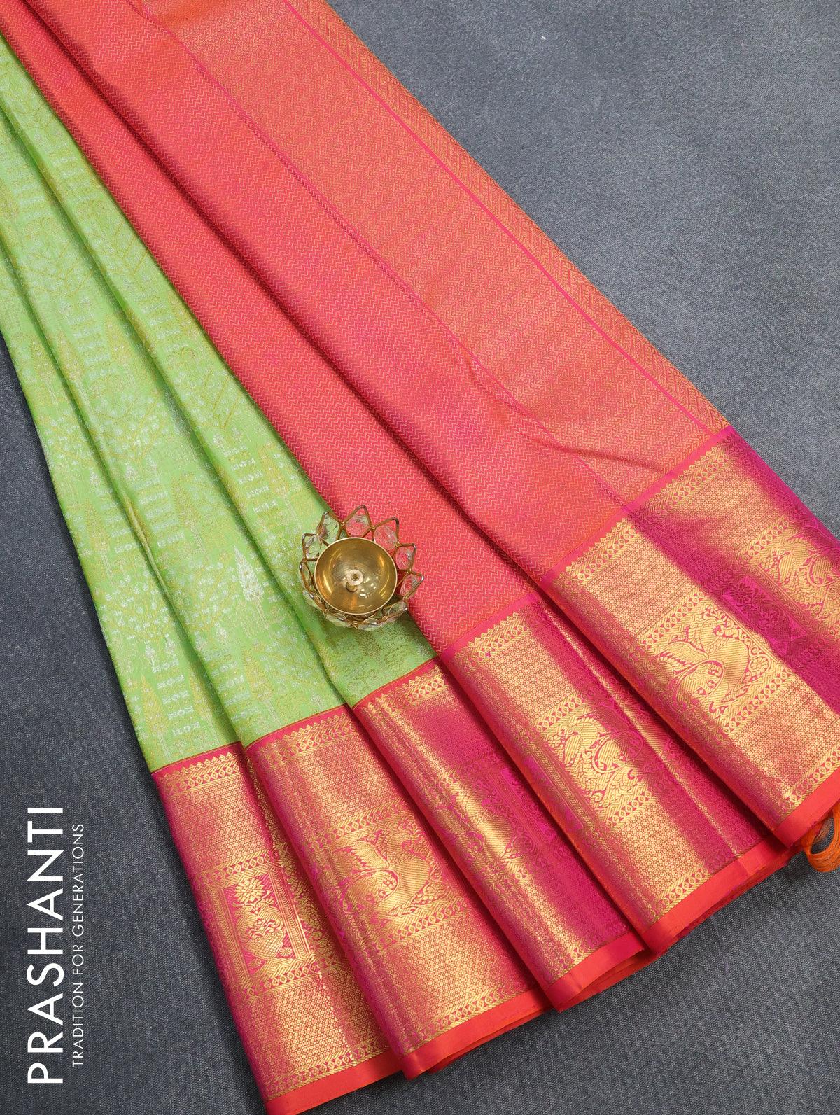 Pure kanjivaram silk saree light green and dual shade of orange with allover zari woven brocade weaves and rich zari woven border - Image 6