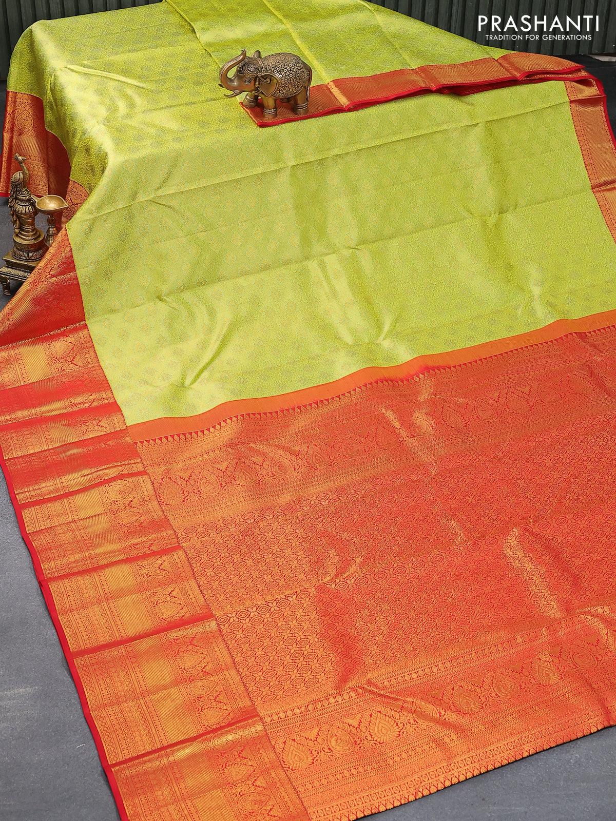 Pure kanjivaram silk saree light green and red with allover zari woven brocade weaves and zari woven border - Image 2