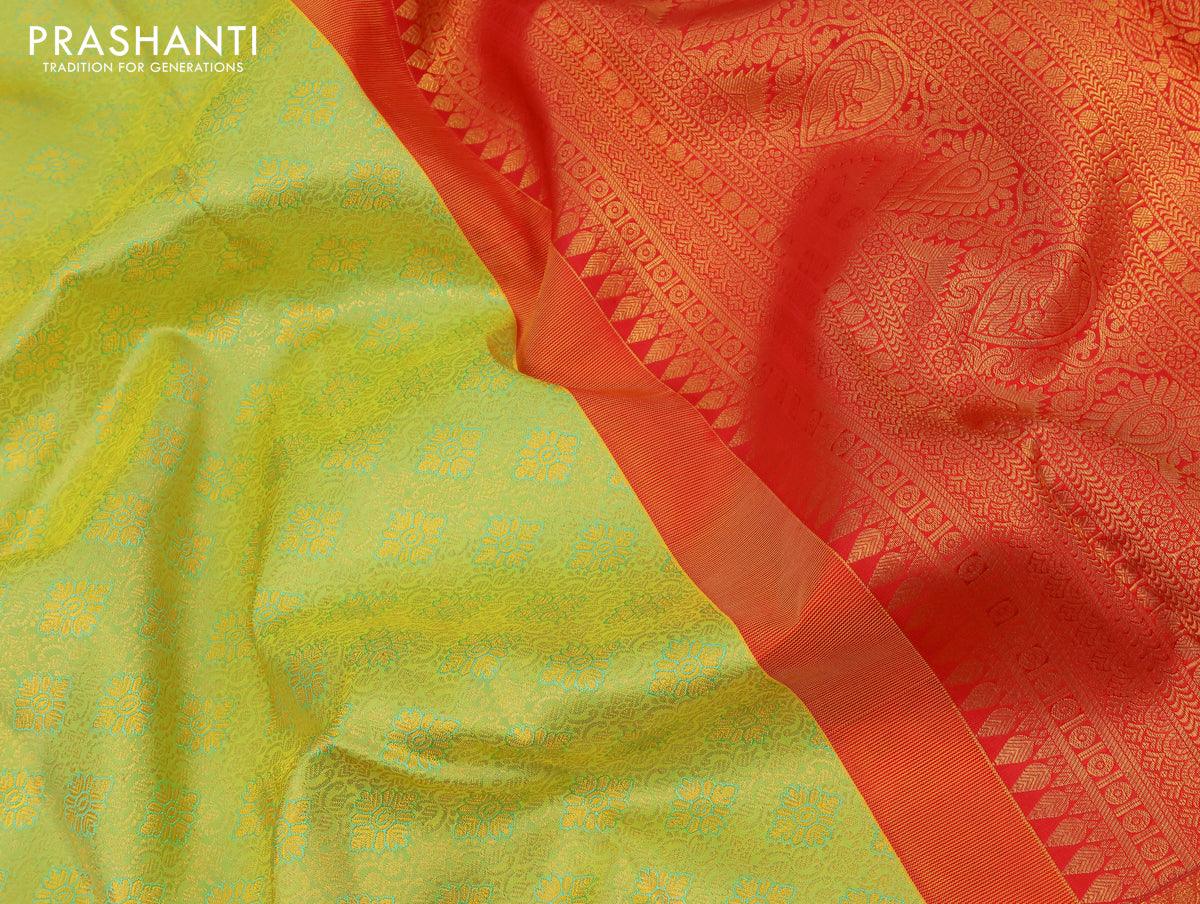 Pure kanjivaram silk saree light green and red with allover zari woven brocade weaves and zari woven border - Image 3