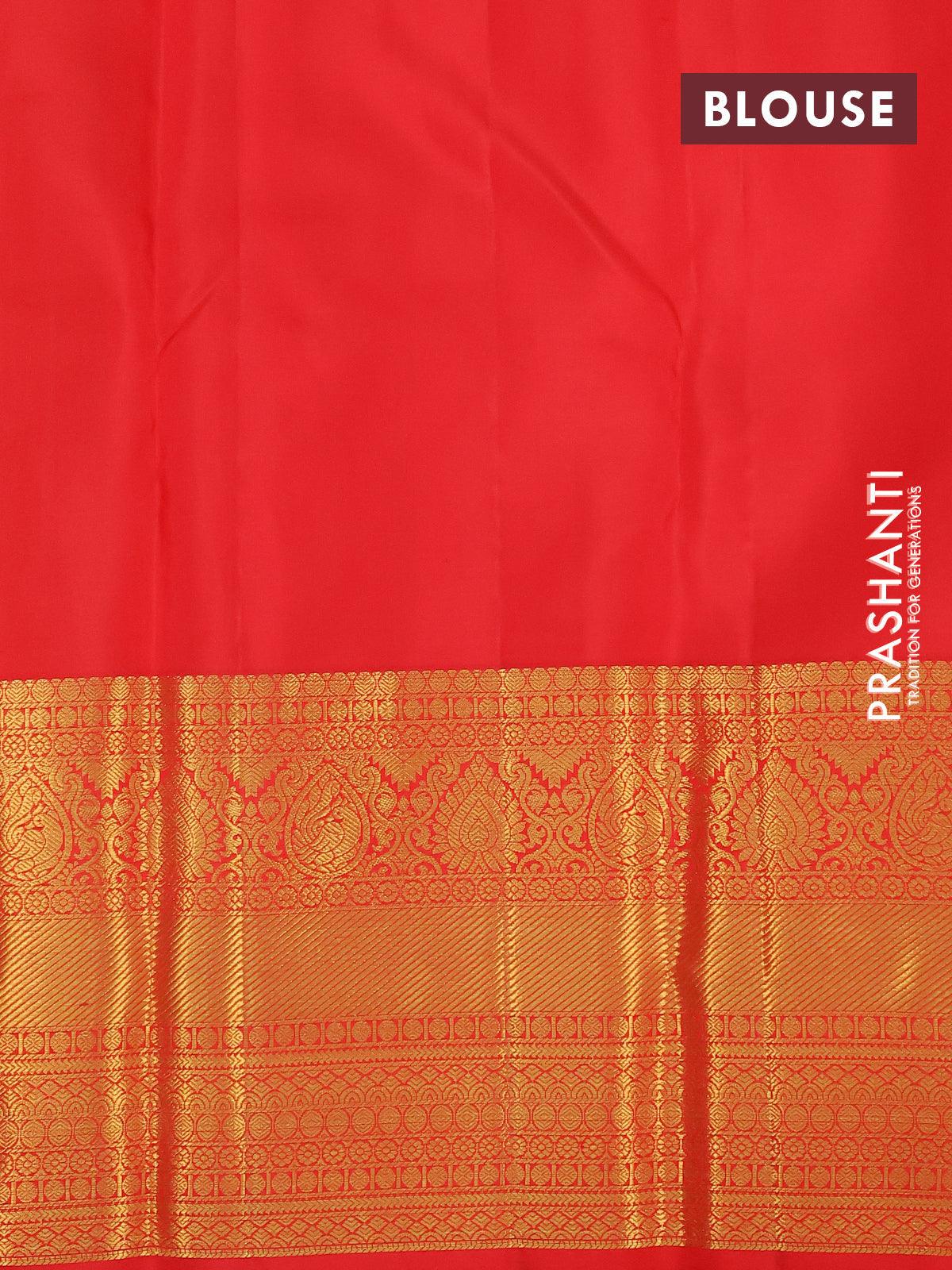 Pure kanjivaram silk saree light green and red with allover zari woven brocade weaves and zari woven border - Image 4