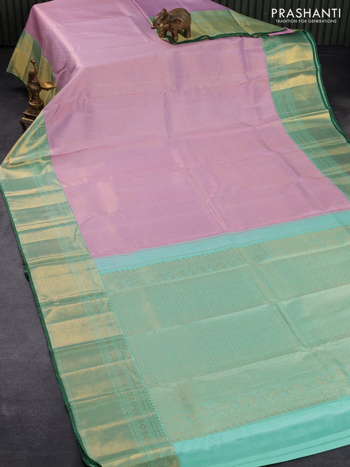 Pure kanjivaram silk saree lotus pink and teal blue with allover zari weaves and rich zari woven border - Image 2