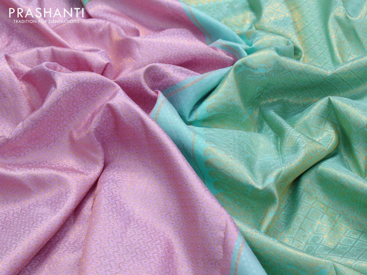Pure kanjivaram silk saree lotus pink and teal blue with allover zari weaves and rich zari woven border - Image 3