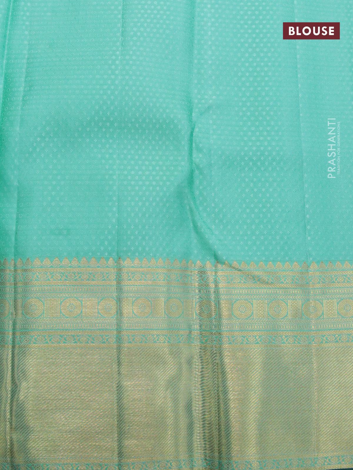 Pure kanjivaram silk saree lotus pink and teal blue with allover zari weaves and rich zari woven border - Image 4