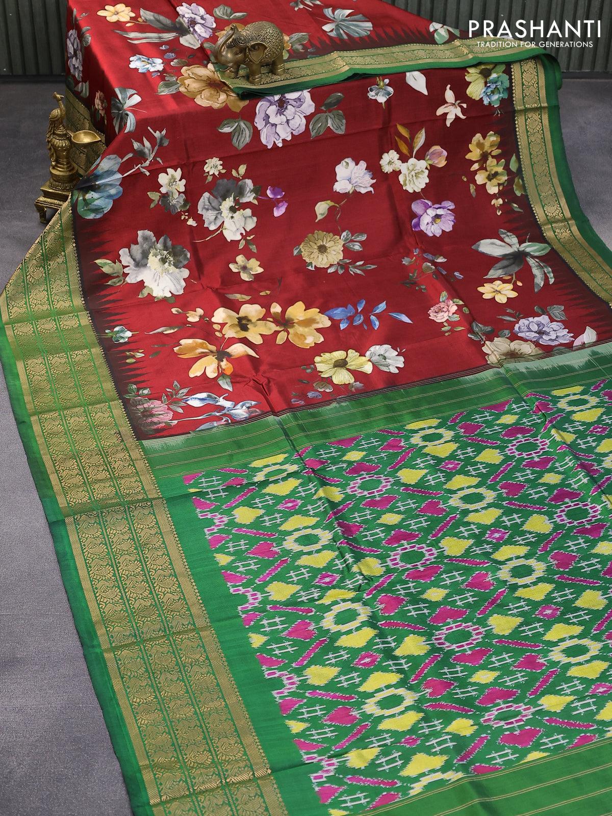 Pure kanjivaram silk saree maroon and green with allover floral digital prints and annam zari woven border - Image 2