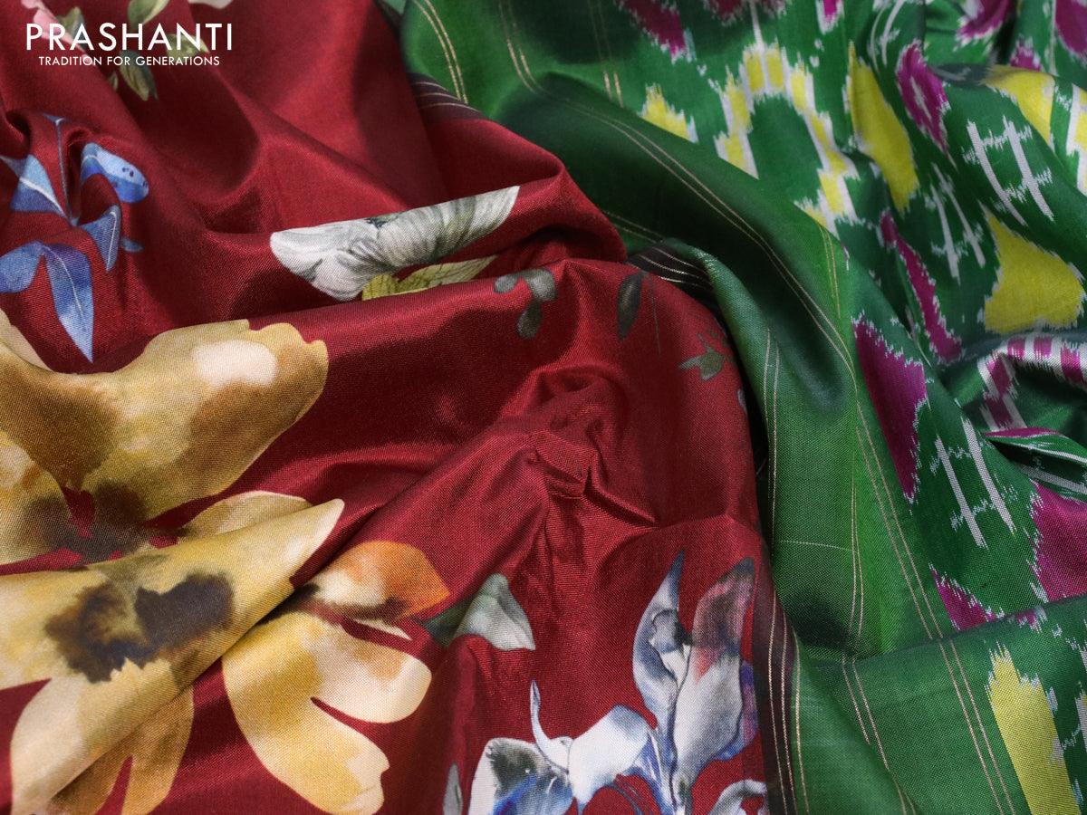 Pure kanjivaram silk saree maroon and green with allover floral digital prints and annam zari woven border - Image 3