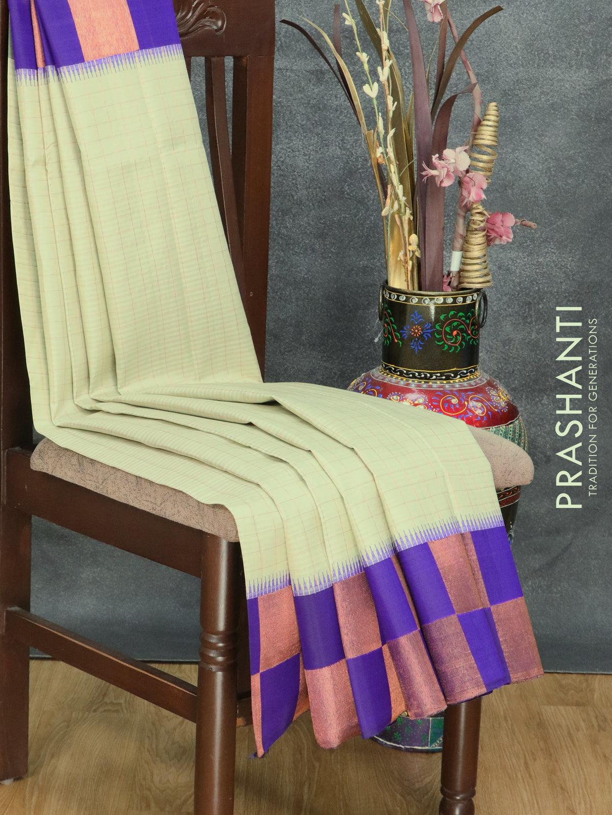 Pure kanjivaram silk saree pastel grey and blue with allover zari checked pattern and copper zari woven box type border - Image 3