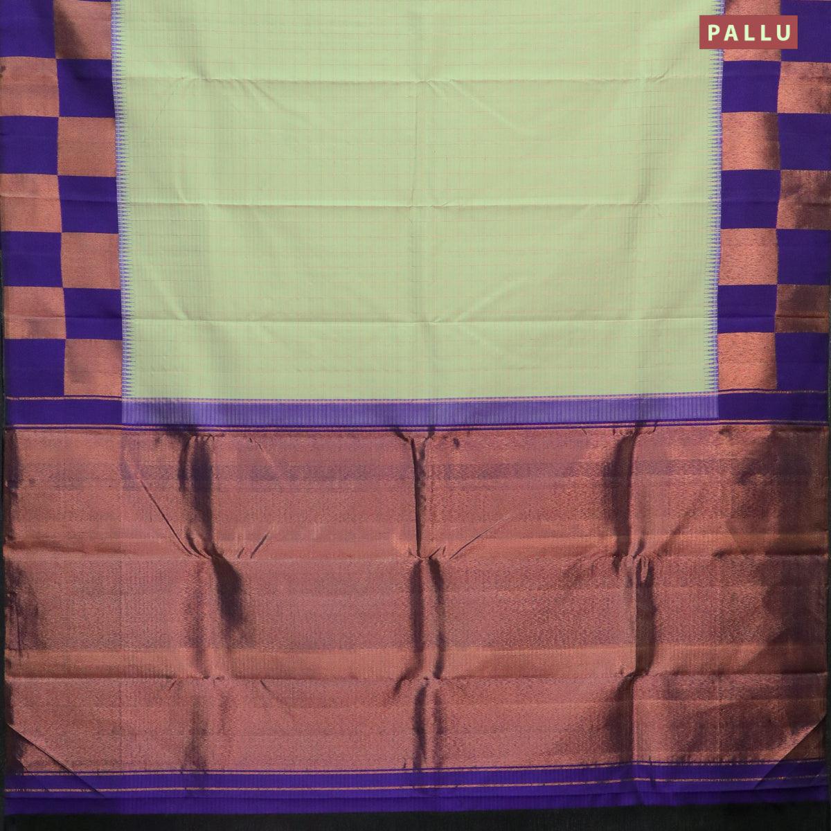 Pure kanjivaram silk saree pastel grey and blue with allover zari checked pattern and copper zari woven box type border - Image 5