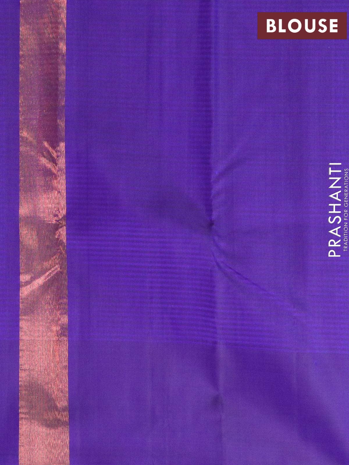Pure kanjivaram silk saree pastel grey and blue with allover zari checked pattern and copper zari woven box type border - Image 6