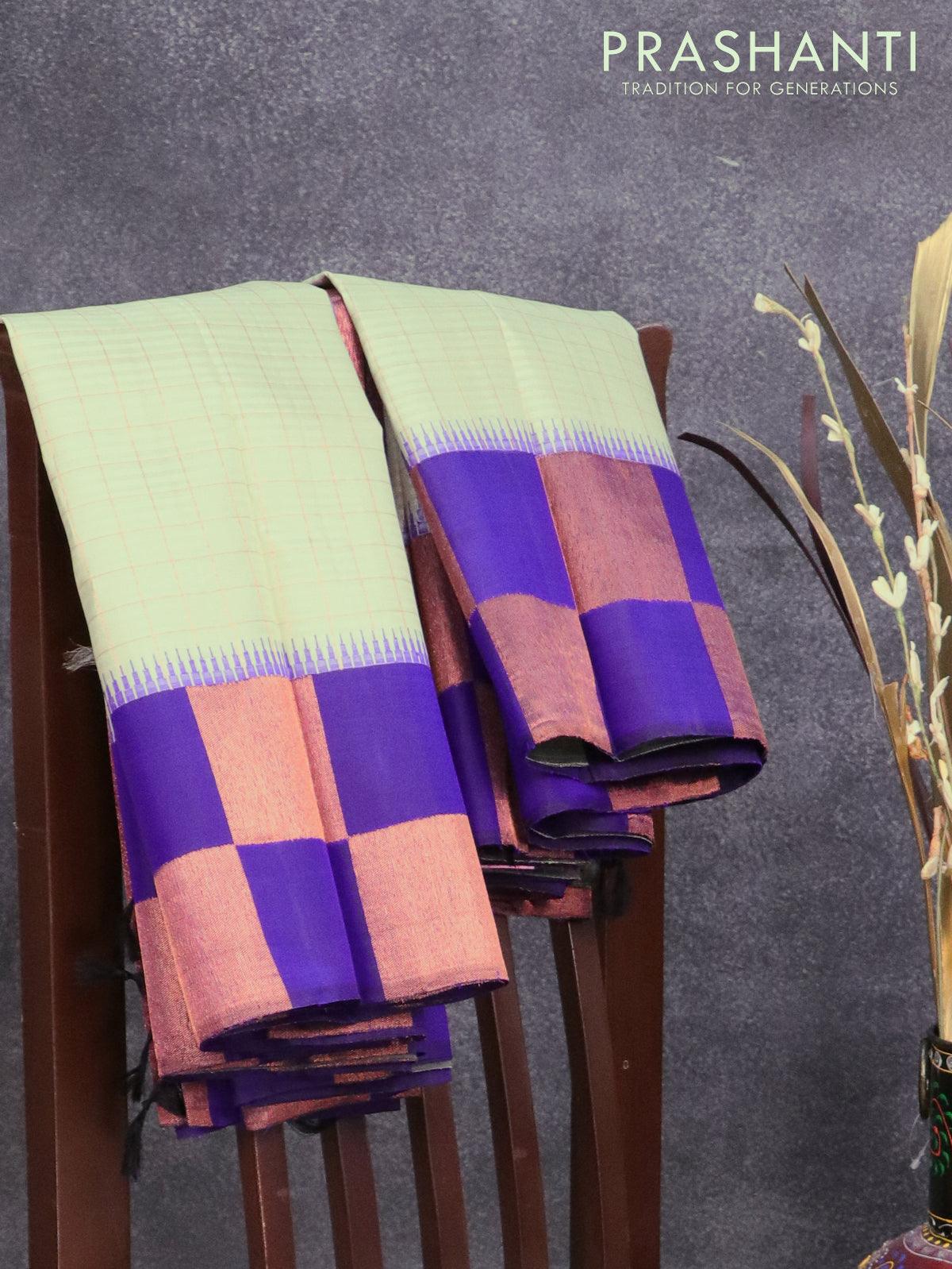 Pure kanjivaram silk saree pastel grey and blue with allover zari checked pattern and copper zari woven box type border - Image 7
