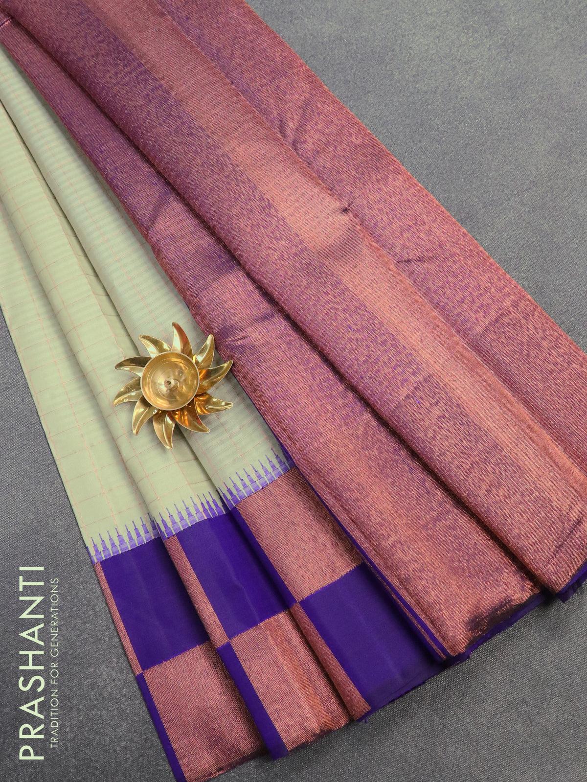 Pure kanjivaram silk saree pastel grey and blue with allover zari checked pattern and copper zari woven box type border - Image 8
