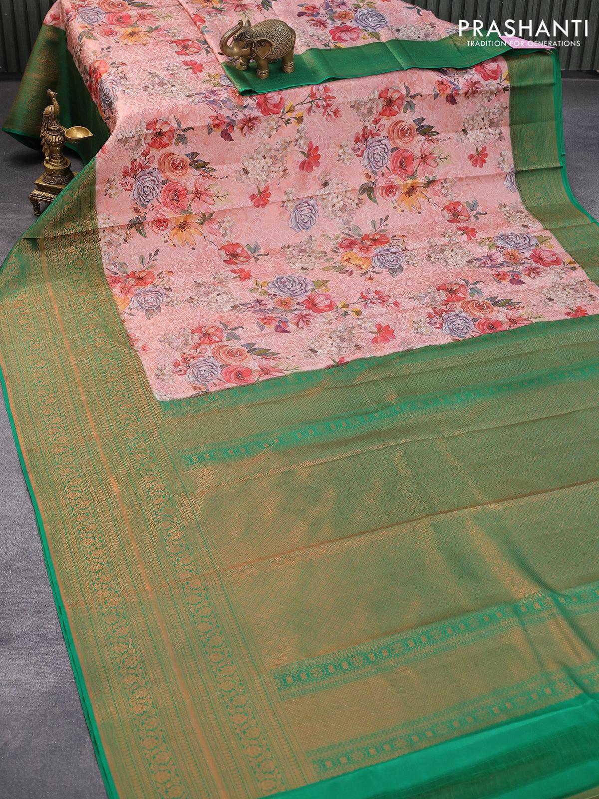 Pure kanjivaram silk saree pastel pink and green with allover floral digital prints & copper zari weaves and long zari woven border - Image 2