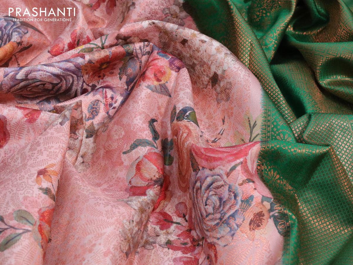 Pure kanjivaram silk saree pastel pink and green with allover floral digital prints & copper zari weaves and long zari woven border - Image 3