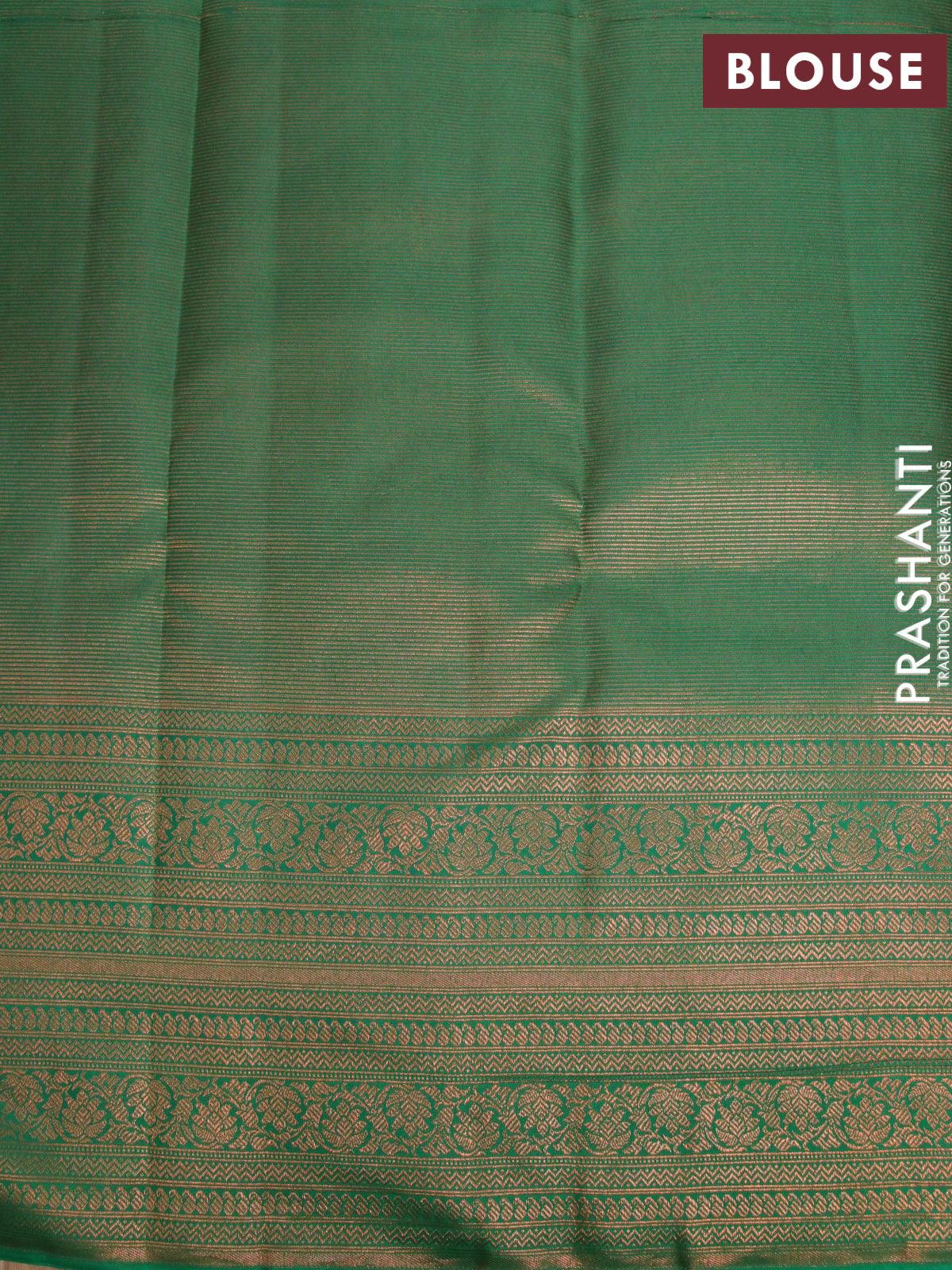 Pure kanjivaram silk saree pastel pink and green with allover floral digital prints & copper zari weaves and long zari woven border - Image 4