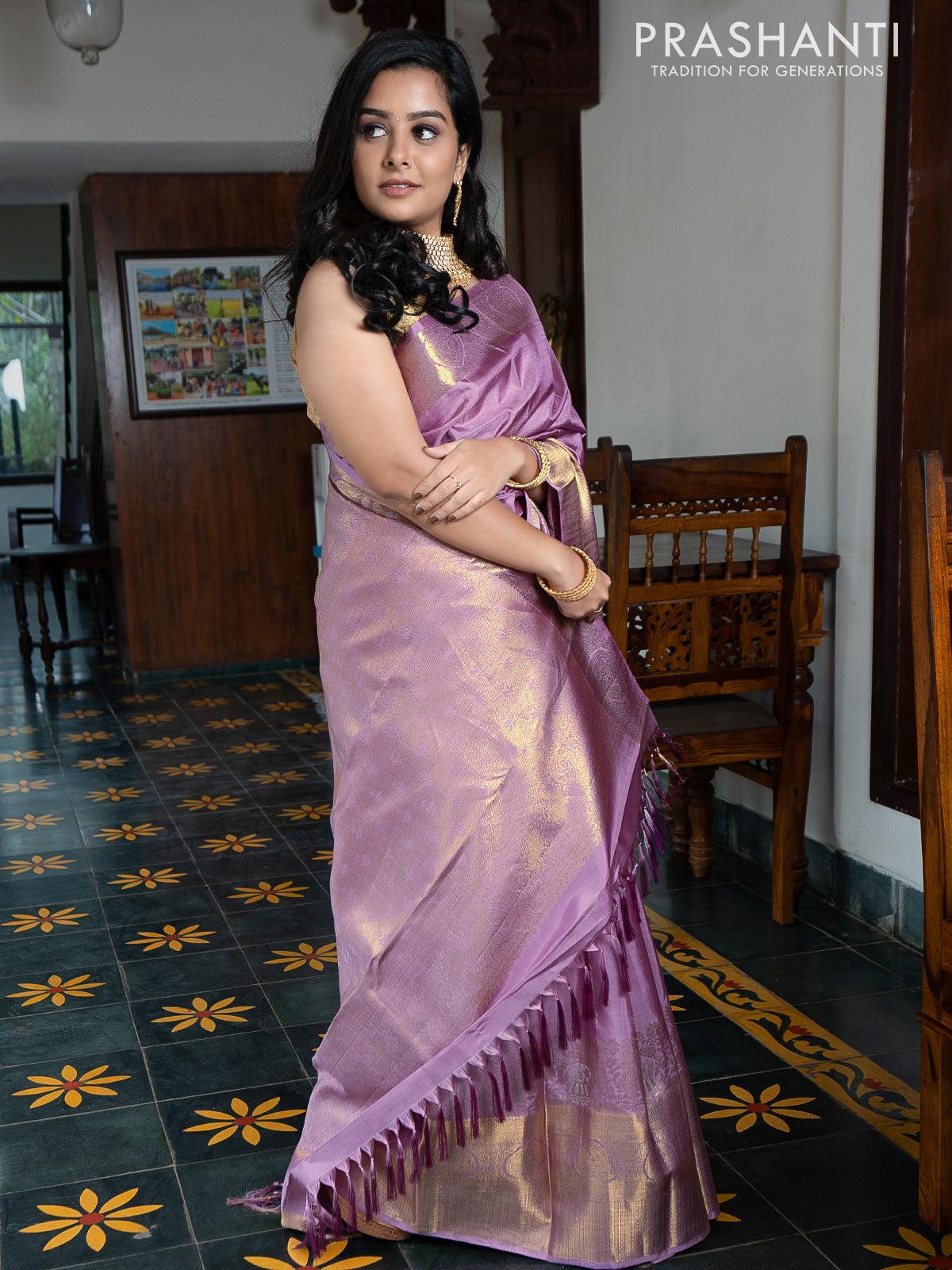 Ga - Pure kanjivaram silk saree Pastel shade of lavender with silver and gold floral zari woven buttas and rich peacock zari woven border - Pre Order - Image 2