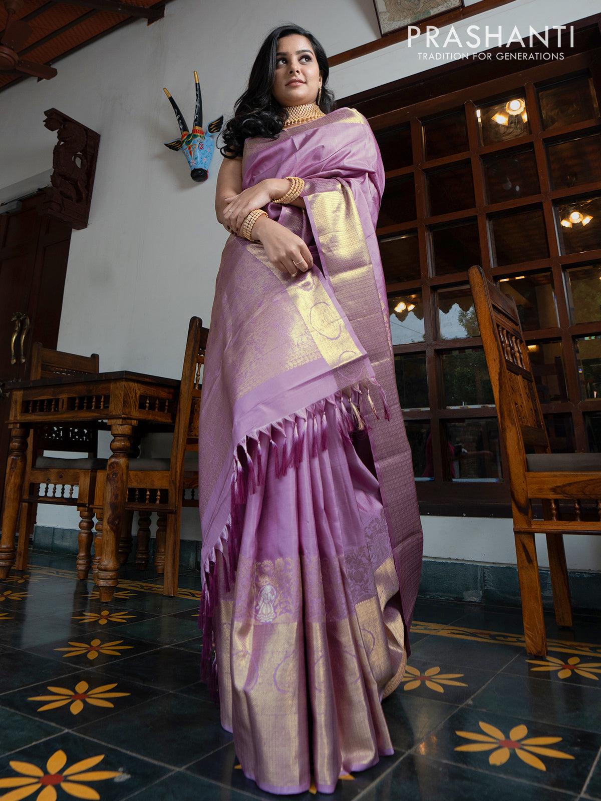 Ga - Pure kanjivaram silk saree Pastel shade of lavender with silver and gold floral zari woven buttas and rich peacock zari woven border - Pre Order - Image 5
