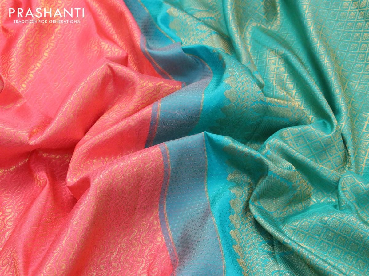 Pure kanjivaram silk saree peach pink and teal green with allover zari woven brocade weaves and rich zari woven border - Image 3