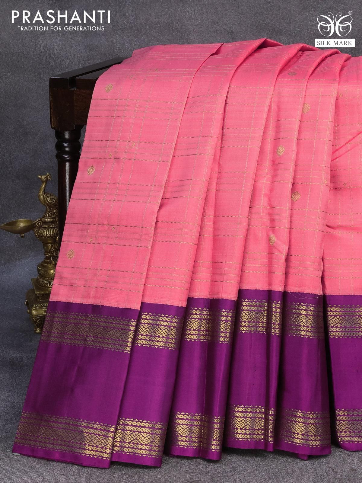 Pure kanjivaram silk saree pink and purple with allover zari checked pattern and rettapet zari woven border - Image 2