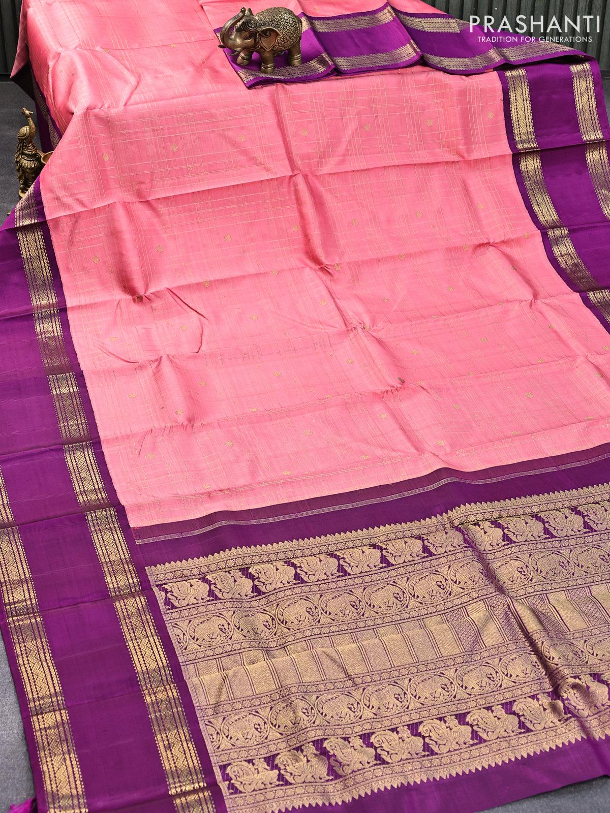 Pure kanjivaram silk saree pink and purple with allover zari checked pattern and rettapet zari woven border - Image 3