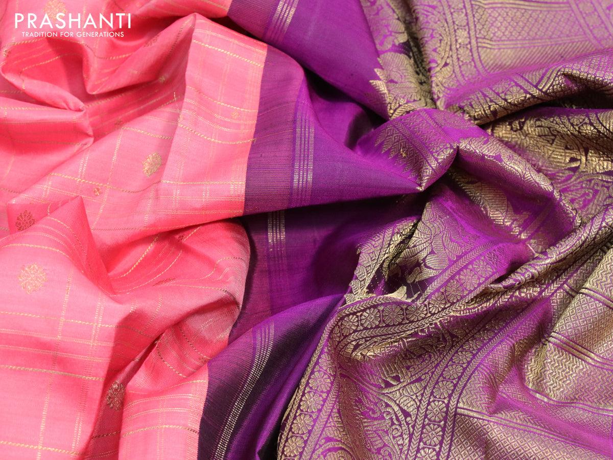 Pure kanjivaram silk saree pink and purple with allover zari checked pattern and rettapet zari woven border - Image 4